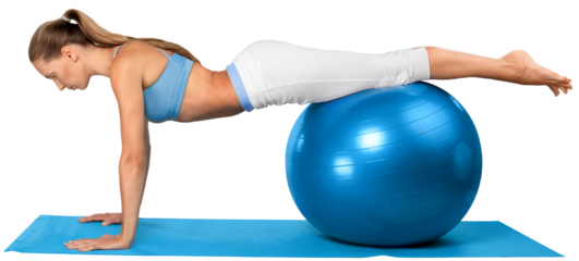 Young woman training with Fitness Ball on white background