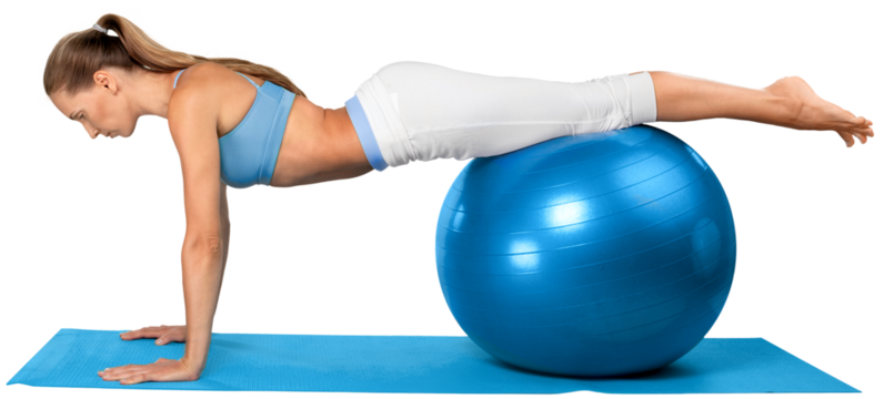 Young woman training with Fitness Ball on white background