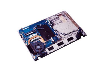Disassembled notebook on white background, isolated on a white background. Checking the processor and motherboard for computer repair, top view.