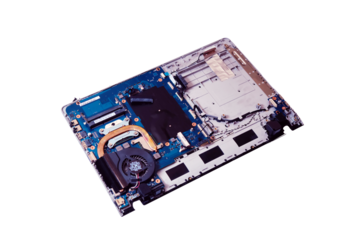 Disassembled notebook on white background, isolated on a white background. Checking the processor and motherboard for computer repair, top view.