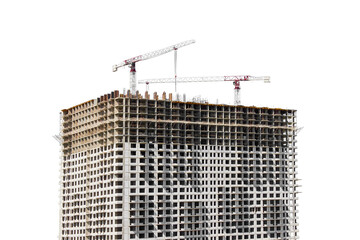 Large house under construction, isolated on a white background. New multi-storey building