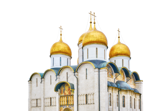 The Assumption Cathedral in Moscow is located on the territory of the Kremlin, built in the 15th century - Kremlin, Moscow, Russia in June 2019, isolated on a white background