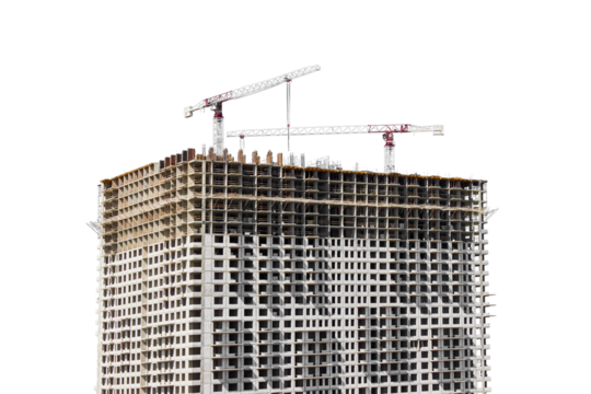Large house under construction, isolated on a white background. New multi-storey building