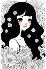 Portrait of a girl with long hair flowers in hair black and white vector illustration. Graphic silhouette of beautiful woman. Moon and flowers queen.
