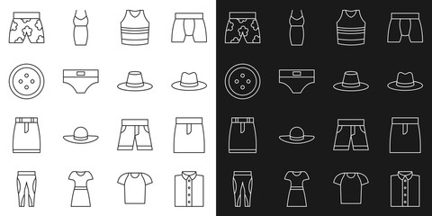 Set line Shirt, Skirt, Man hat, Undershirt, Men underpants, Sewing button for clothes, Swimming trunks and icon. Vector