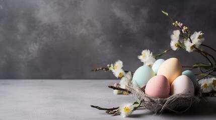 Easter, spring seasonal holiday - eggs rustic composition on concrete background