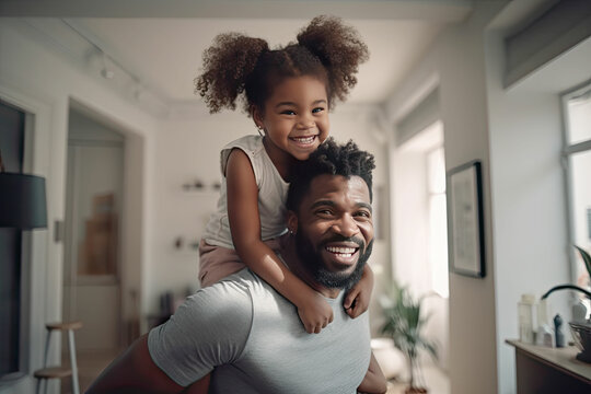 Happy black African American father and daughter playing at home living room. Afro man carry piggyback little toddler girl. Cheerful family bonding together . Father’s day concept. Generated Ai
