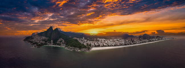 Aerial of Leblon beach, with Two Brothers Peak, Rio de Janeiro, Brazil