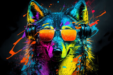 A colorful wolf with headphones and glasses, Generative AI
