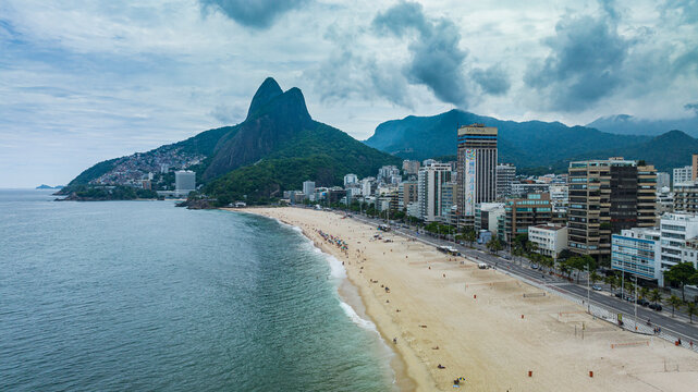Aerial of Leblon beach, with Two Brothers Peak, Rio de Janeiro, Brazil