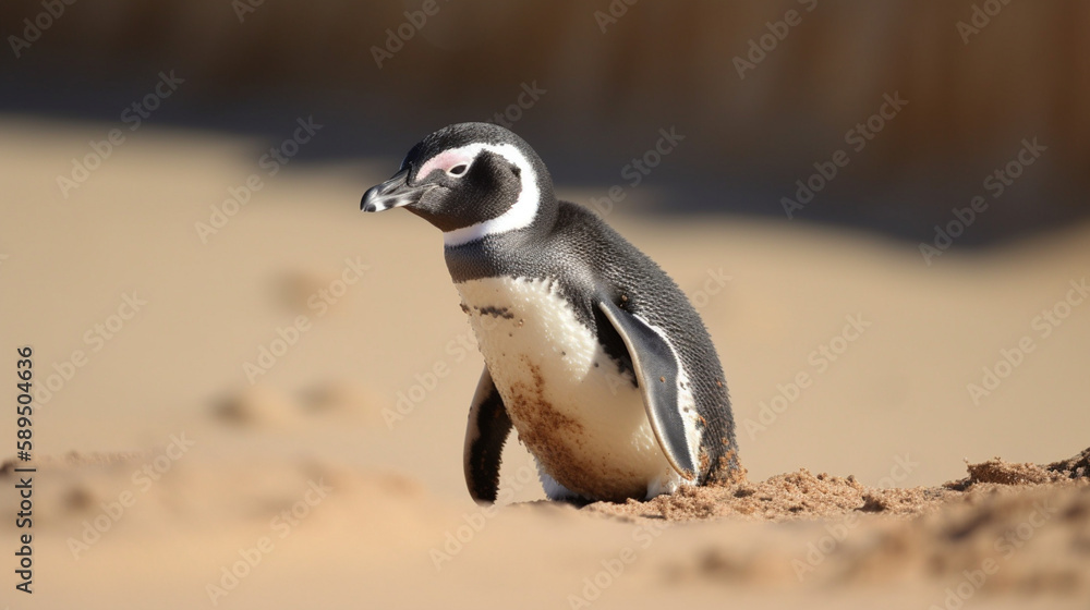 Poster Penguin on the beach sand Generative AI