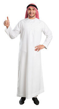 Portrait of Arabian man showing thumb up on white background with empty space