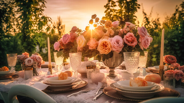 A stunning image of an upscale outdoor summer dining setup, showcasing an exquisite table setting and enchanting surroundings