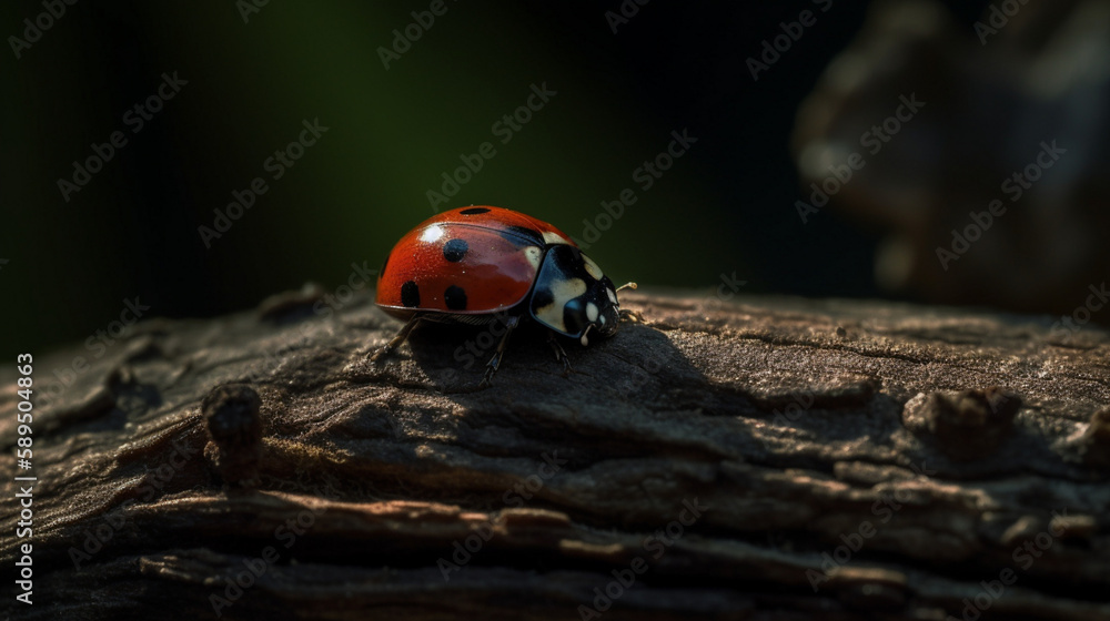 Wall mural Ladybug sunbathing on a tree trunk Generative AI