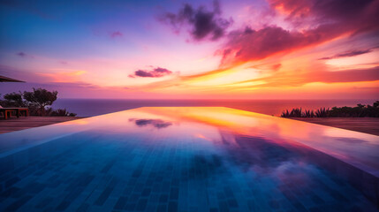 Fototapeta premium A captivating image of a lavish infinity pool set against a stunning summer sunset, offering a luxurious retreat