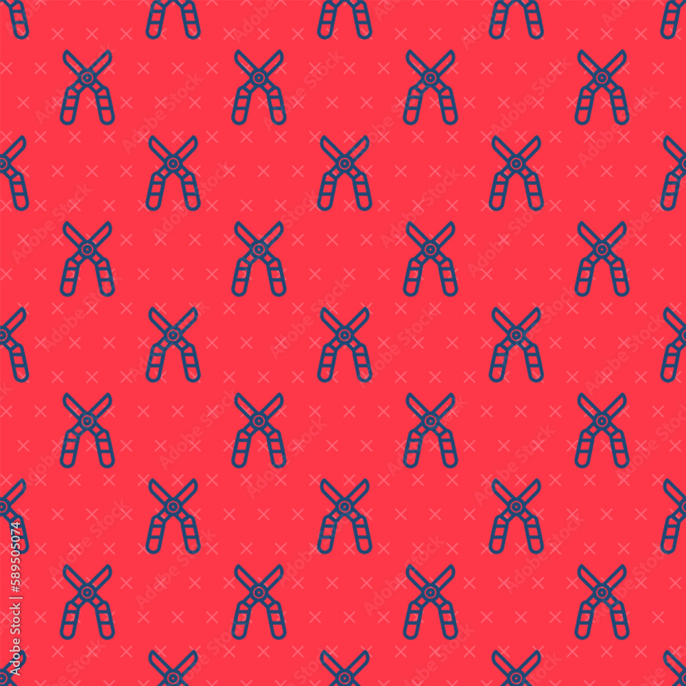 Poster blue line gardening handmade scissors for trimming icon isolated seamless pattern on red background.