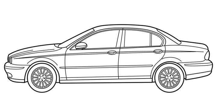 Classic sedan car. 4 door car on white background. Side view shot. Outline doodle vector illustration