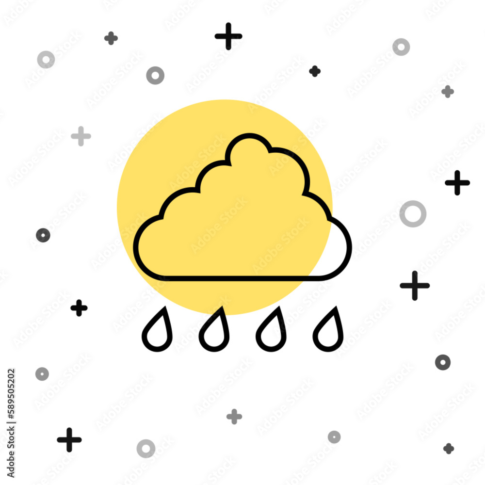 Poster black line cloud with rain icon isolated on white background. rain cloud precipitation with rain dro