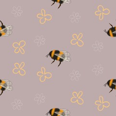 Seamless pattern with cute bumblebee, yellow and white flowers on a light coffee background, childish animal print, digital hand drawing.