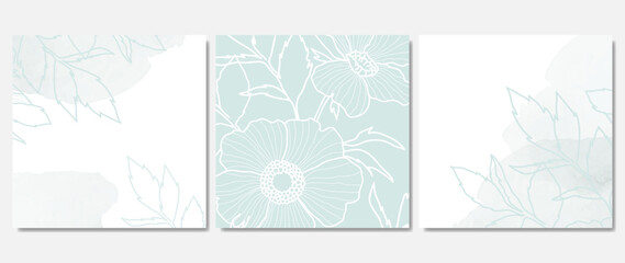 Set of vector templates in pastel blue colors. Botanical flowers and leaves hand drawn. Minimalistic style with floral elements and watercolor texture for card, banner, invitation, design, wedding