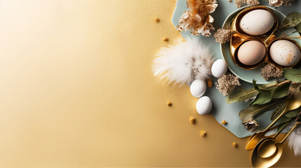 Easter, spring seasonal holiday - eggs rustic composition on gold concrete background