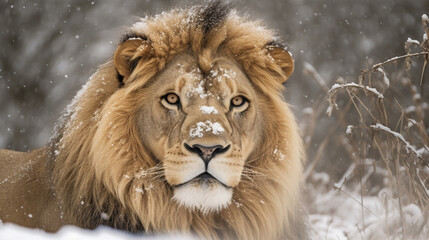 Fototapeta na wymiar Lion in the snow Generative AI