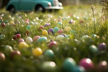 Easter, spring seasonal holiday - colourful painted eggs on green grass and flowers