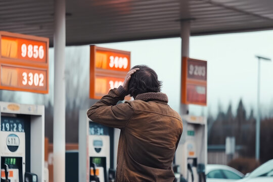 Unrecognized man at a gas station astonished by the high prices of gasoline and diesel, generative ai with copy space. Concept of inflation, rising prices and fuel.