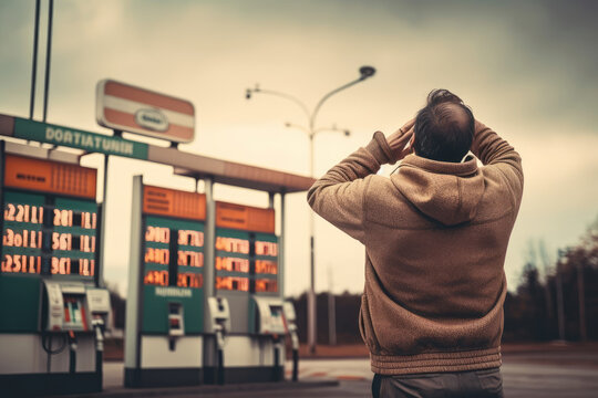 Unrecognized man at a gas station astonished by the high prices of gasoline and diesel, generative ai with copy space. Concept of inflation, rising prices and fuel.