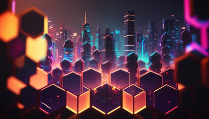 A digital illustration of a city with a neon city in the background. Generative AI