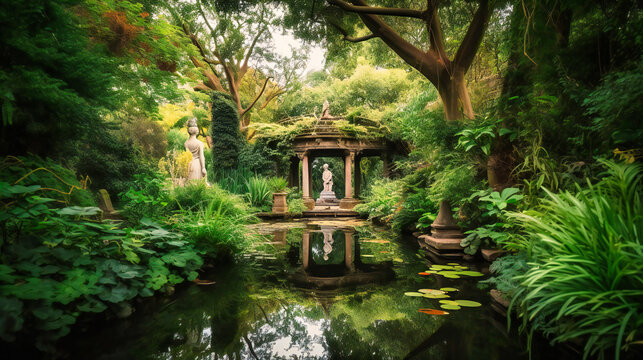 A captivating image of an enchanting hidden garden within a luxurious summer estate, exuding peace and sophistication