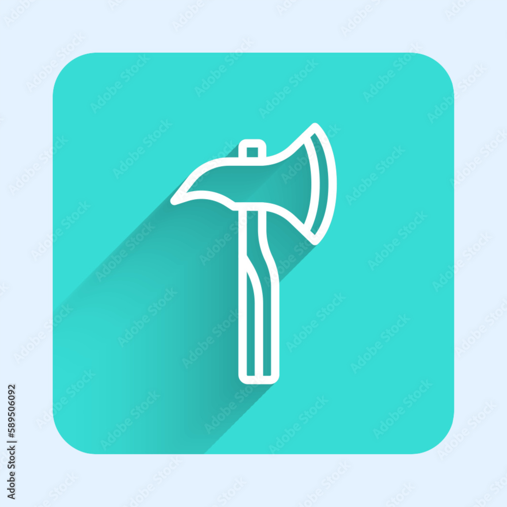 Poster white line firefighter axe icon isolated with long shadow background. fire axe. green square button.