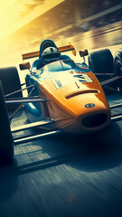 Obraz premium A Sleek Open-Wheel Yellow Racing Car Speeding down a Track at Sunset, made with Generative AI