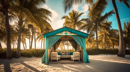 A charming image of a lavish beach cabana set against a picturesque backdrop of turquoise waters, white sands, and verdant palms, embodying serenity and indulgence