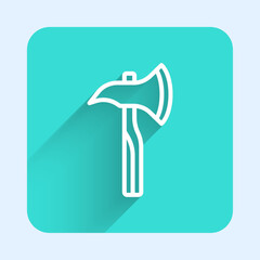 White line Firefighter axe icon isolated with long shadow background. Fire axe. Green square button. Vector