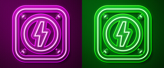 Glowing neon line Lightning bolt icon isolated on purple and green background. Flash sign. Charge flash icon. Thunder bolt. Lighting strike. Vector