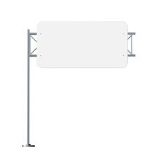 Obraz premium Road, traffic signs. Highway signboard on metal pole. Blank white board with place for text. Directional signage and wayfinder. information sign vector mockup.