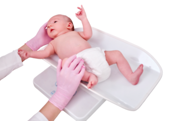 The doctor weighs a newborn baby on a scale, isolated on a white background. Uniformed nurse taking measurements of the child weight. Kid aged two months