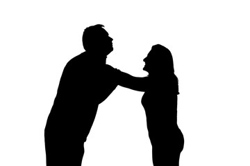 Silhouette of fighting man and woman, domestic violence concept. Couple husband and wife having...