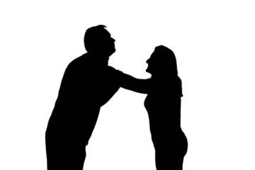 Silhouette of fighting man and woman, domestic violence concept. Couple husband and wife having relationship problems, isolated on a white background