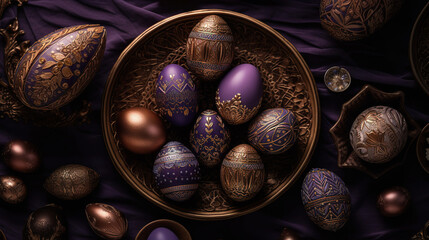 Easter, spring seasonal holiday - colourful painted eggs on dark rustic fabric background