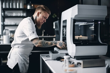 Serious professional bearded male chef in white uniform preparing luxury food using modern 3d printer in kitchen of modern and futuristic restaurant, generative ai image.