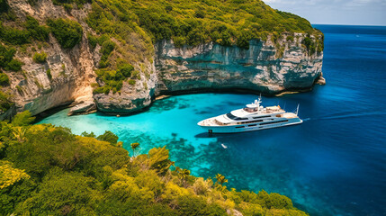 A striking image of a lavish yacht anchored in an idyllic, hidden bay, surrounded by breathtaking natural beauty, epitomizing indulgence and exclusivity