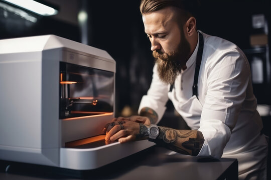 Serious professional bearded male chef in white uniform preparing luxury food using modern 3d printer in kitchen of modern and futuristic restaurant, generative ai image.