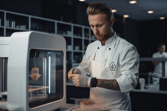 Serious professional male chef in white uniform and gloves preparing food for cooking lunch while using modern 3d printer in kitchen of restaurant, generative ai image.