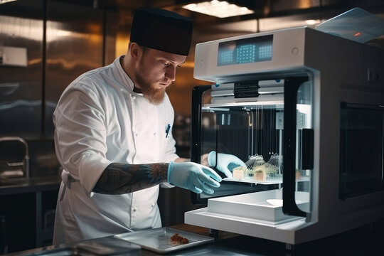 Serious professional male chef in white uniform and gloves preparing food for cooking lunch while using modern 3d printer in kitchen of restaurant, generative ai image.