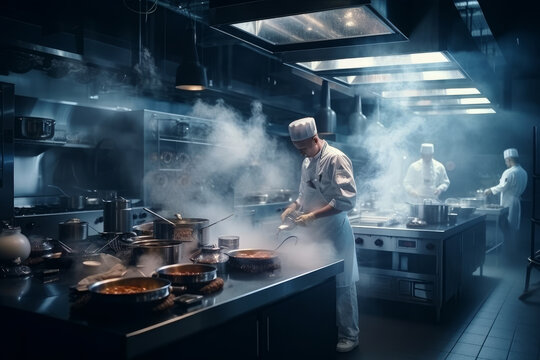 Professional chefs cooking sophisticated food on dark kitchen full of smoke, cooking materials and tools. Generative ai image with concept of working on busy kitchen.