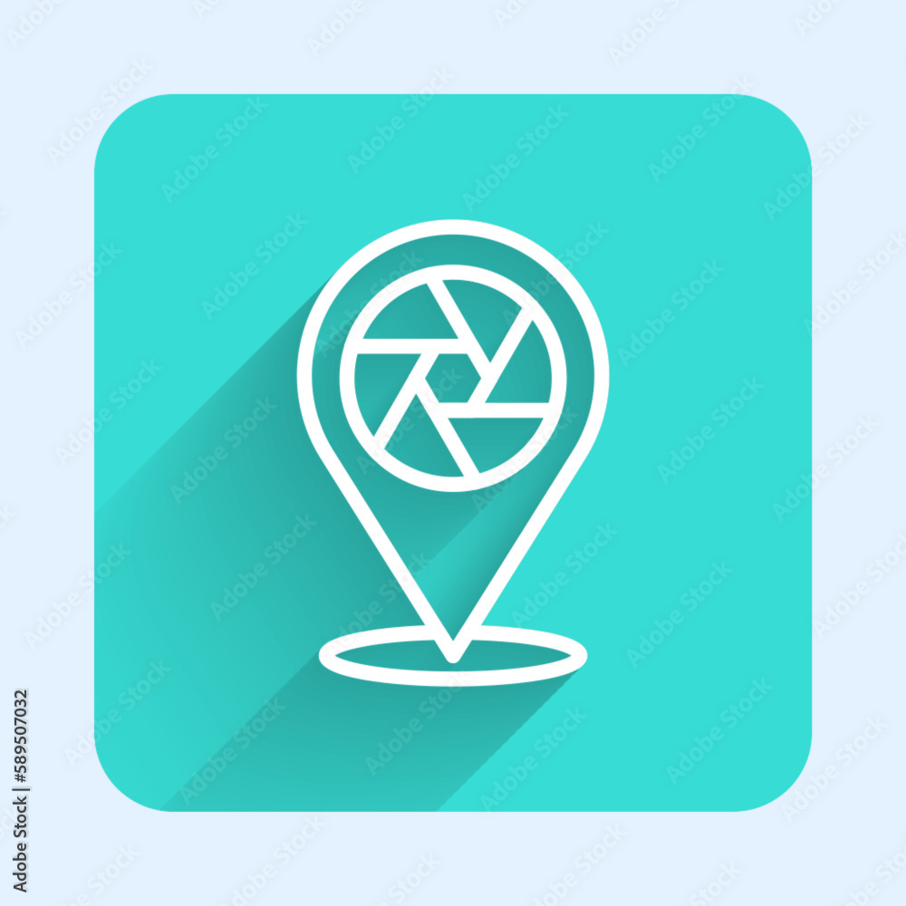Poster white line camera shutter icon isolated with long shadow background. green square button. vector