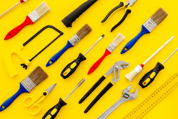 Set collection of DIY hand tools. Constuction background