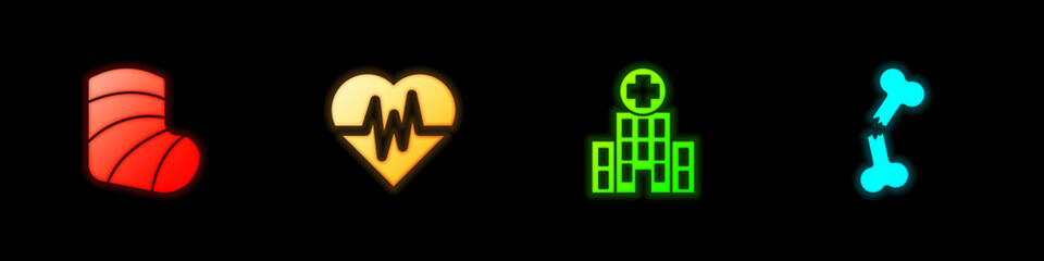 Set Gypsum, Heart rate, Medical hospital building and Human broken bone icon. Vector